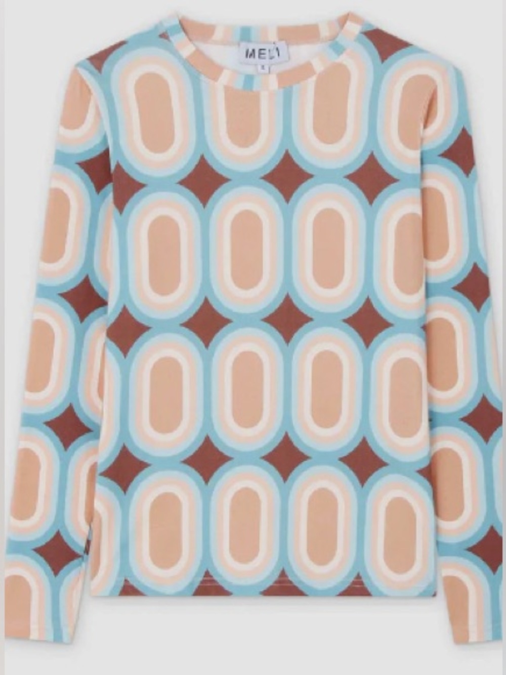 Meli Retro Geometric Long Sleeve Lux Tee - Peach, Blue, Brown - Picture 2 of 6